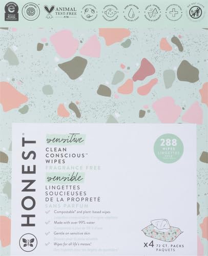 The Honest Company Baby Wipes for Sensitive Skin, Hypoallergenic, Fragrance-Free, Multi-Use, Pattern Play Design, 720 Count (10 Packs of 72)