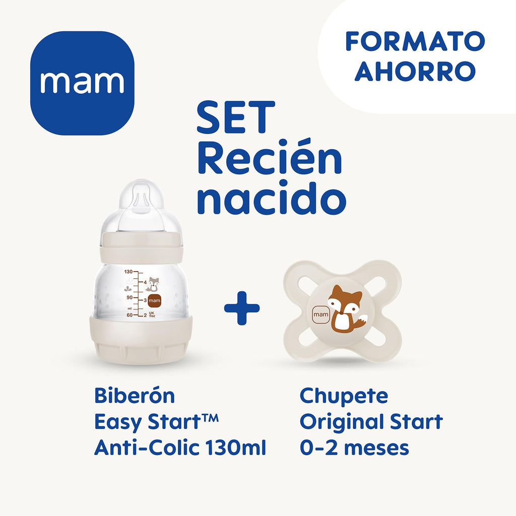 MAM Set Recién Nacido de Biberón Anticólicos, Biberón de 130ml, con Tetina 0 Flujo Extra Lento, Autoesterilizable y Fácil de Limpiar, MAM Easy Start Anti-Colic y Chupete de Silicona 0-2 meses