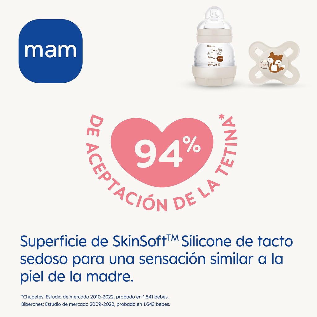 MAM Set Recién Nacido de Biberón Anticólicos, Biberón de 130ml, con Tetina 0 Flujo Extra Lento, Autoesterilizable y Fácil de Limpiar, MAM Easy Start Anti-Colic y Chupete de Silicona 0-2 meses