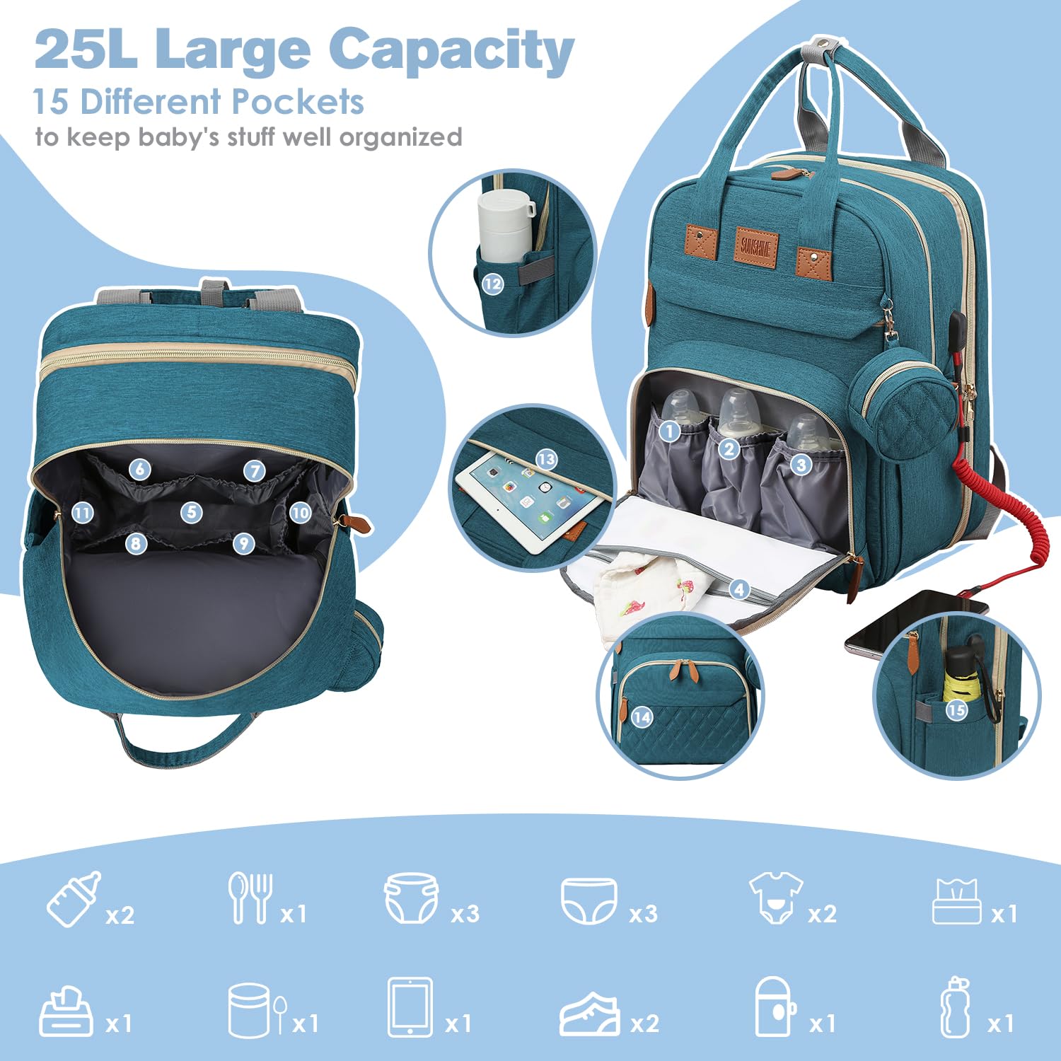 JSTPRO Diaper Bag Backpack, Large Diaper Bag with Changing Pad, Baby Bag, New Mom Gifts, Lightweight Waterproof Unisex Diaper Bag with Insulated Pockets and USB Charging Port, Black