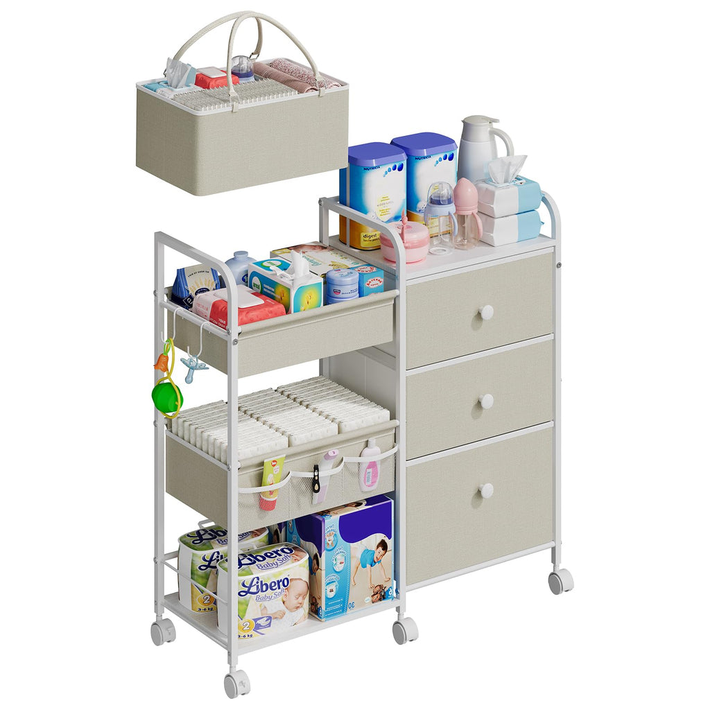 Cidaziya 2In1 Baby Diaper Caddy Organizer with Laundry Hamper, 3 Tier Rolling Cart with Dividers and Drawers, Upgrade Diaper Cart Utility Cart Clothes Organizer for Baby Essentials, New Mom, Nursery