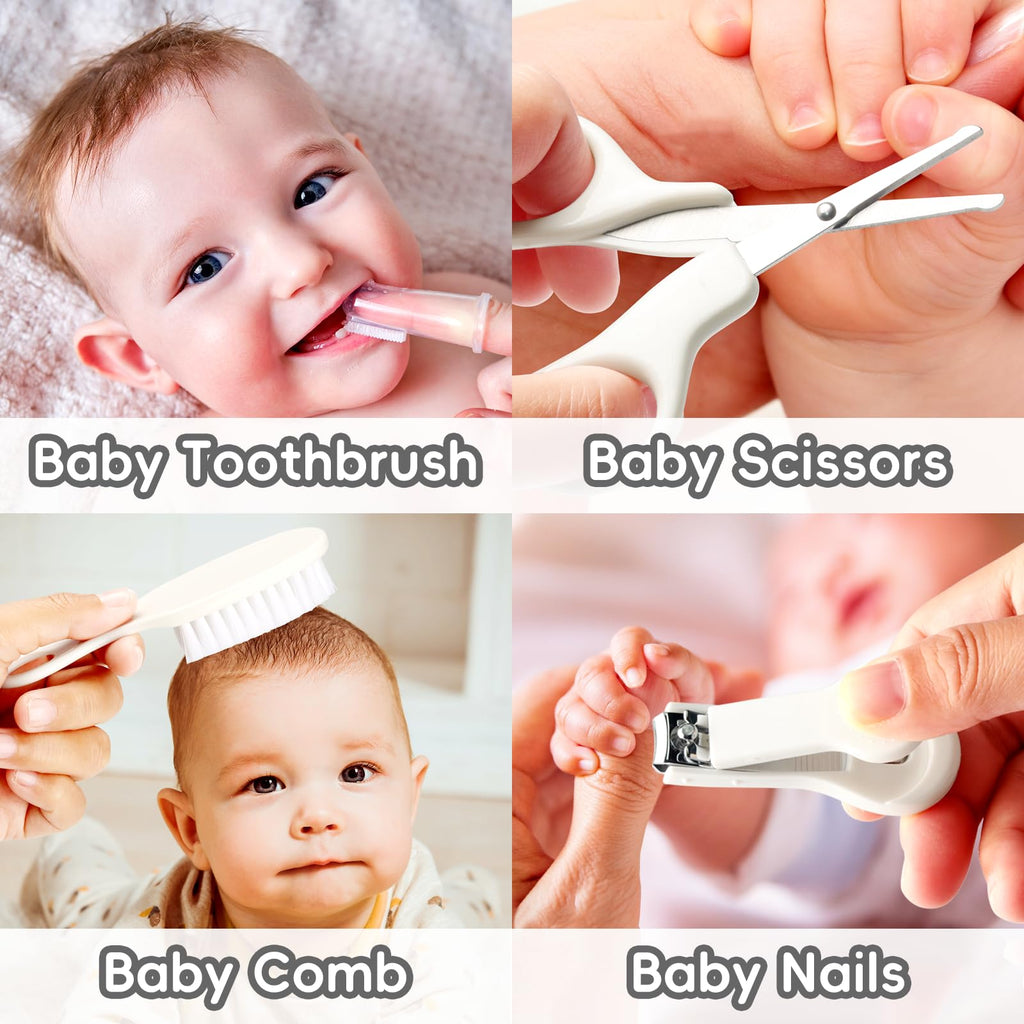 Baby Grooming Kit, Infant Safety Care Set with Hair Brush Comb Nail Clipper Nasal Aspirator,Baby Essentials Kit for Newborn Girls Boys (Grey White)