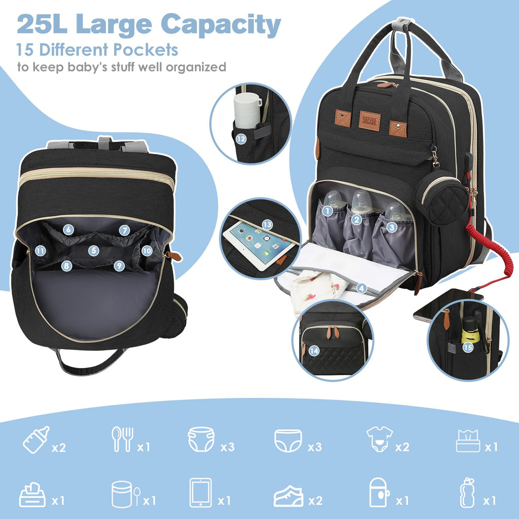 JSTPRO Diaper Bag Backpack, Large Diaper Bag with Changing Pad, Baby Bag, New Mom Gifts, Lightweight Waterproof Unisex Diaper Bag with Insulated Pockets and USB Charging Port, Black
