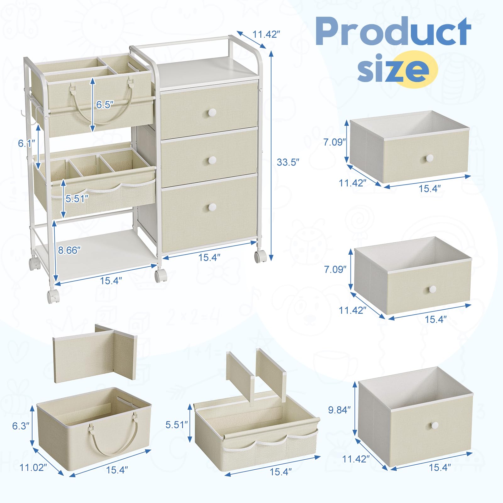 Cidaziya 2In1 Baby Diaper Caddy Organizer with Laundry Hamper, 3 Tier Rolling Cart with Dividers and Drawers, Upgrade Diaper Cart Utility Cart Clothes Organizer for Baby Essentials, New Mom, Nursery