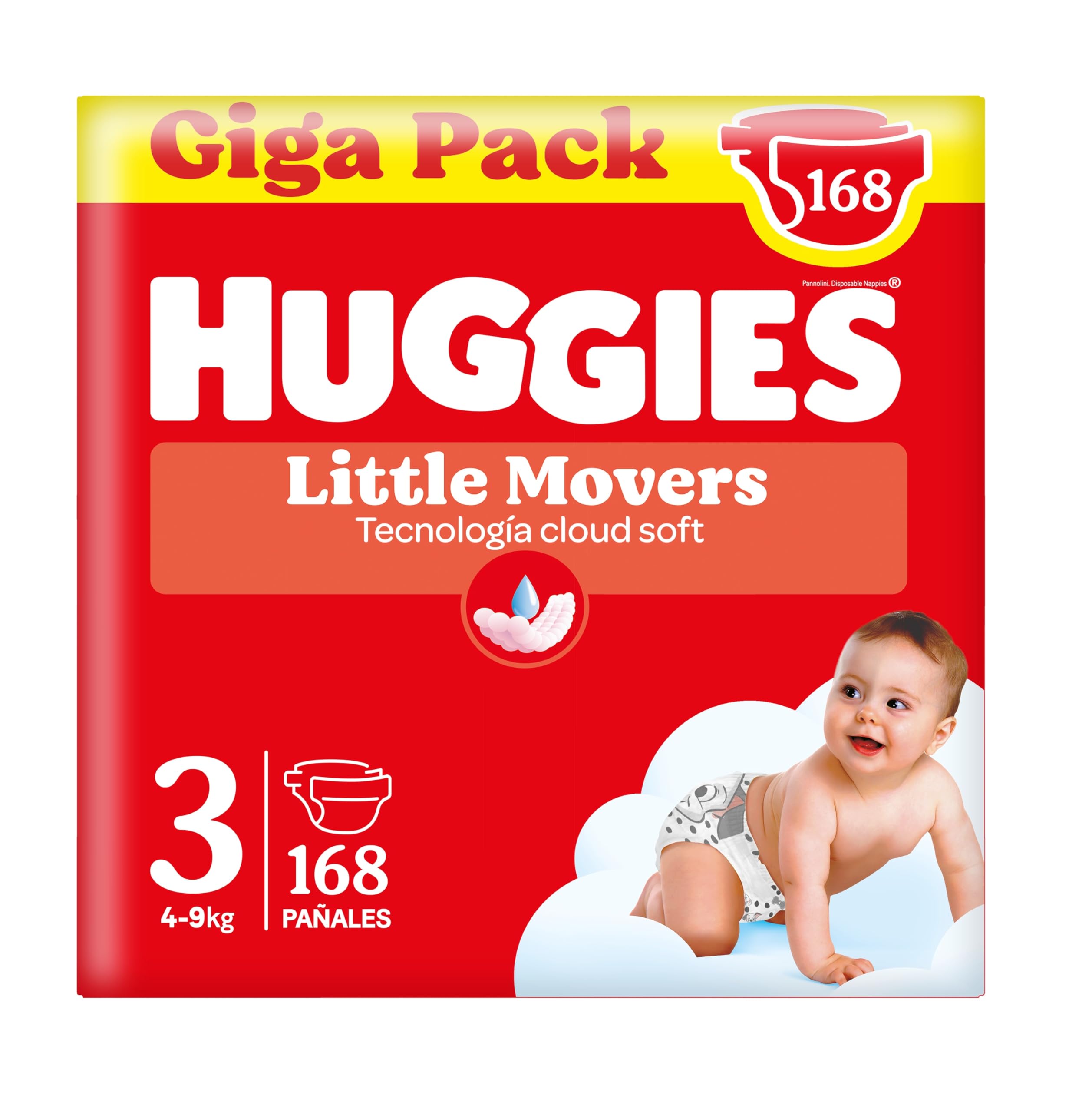 Huggies Little Movers Pañales para Bebé con Diseños Disney Talla 3 (4-9 kg), Comodidad para la Piel 24/7, 3 Packs de 56, Total 168 Pañales