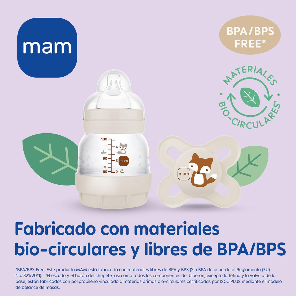 MAM Set Recién Nacido de Biberón Anticólicos, Biberón de 130ml, con Tetina 0 Flujo Extra Lento, Autoesterilizable y Fácil de Limpiar, MAM Easy Start Anti-Colic y Chupete de Silicona 0-2 meses