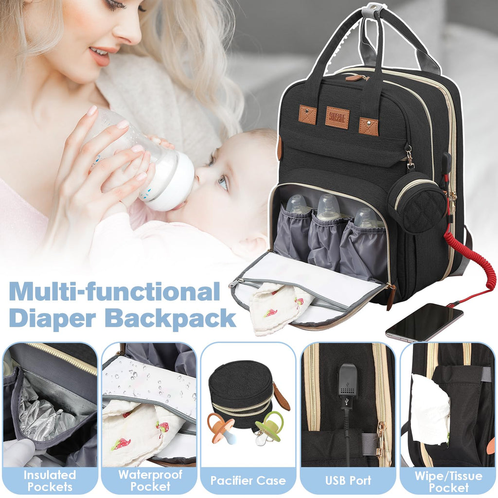 JSTPRO Diaper Bag Backpack, Large Diaper Bag with Changing Pad, Baby Bag, New Mom Gifts, Lightweight Waterproof Unisex Diaper Bag with Insulated Pockets and USB Charging Port, Black
