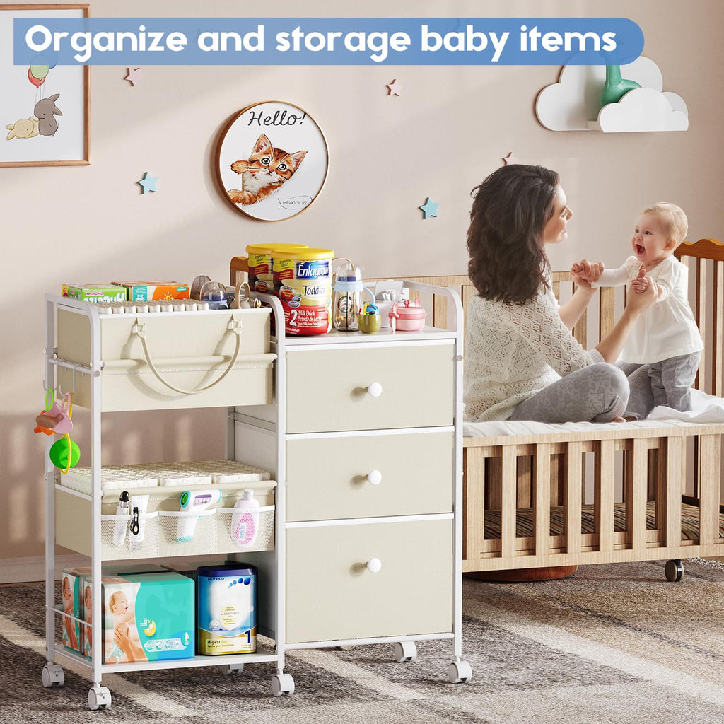Cidaziya 2In1 Baby Diaper Caddy Organizer with Laundry Hamper, 3 Tier Rolling Cart with Dividers and Drawers, Upgrade Diaper Cart Utility Cart Clothes Organizer for Baby Essentials, New Mom, Nursery