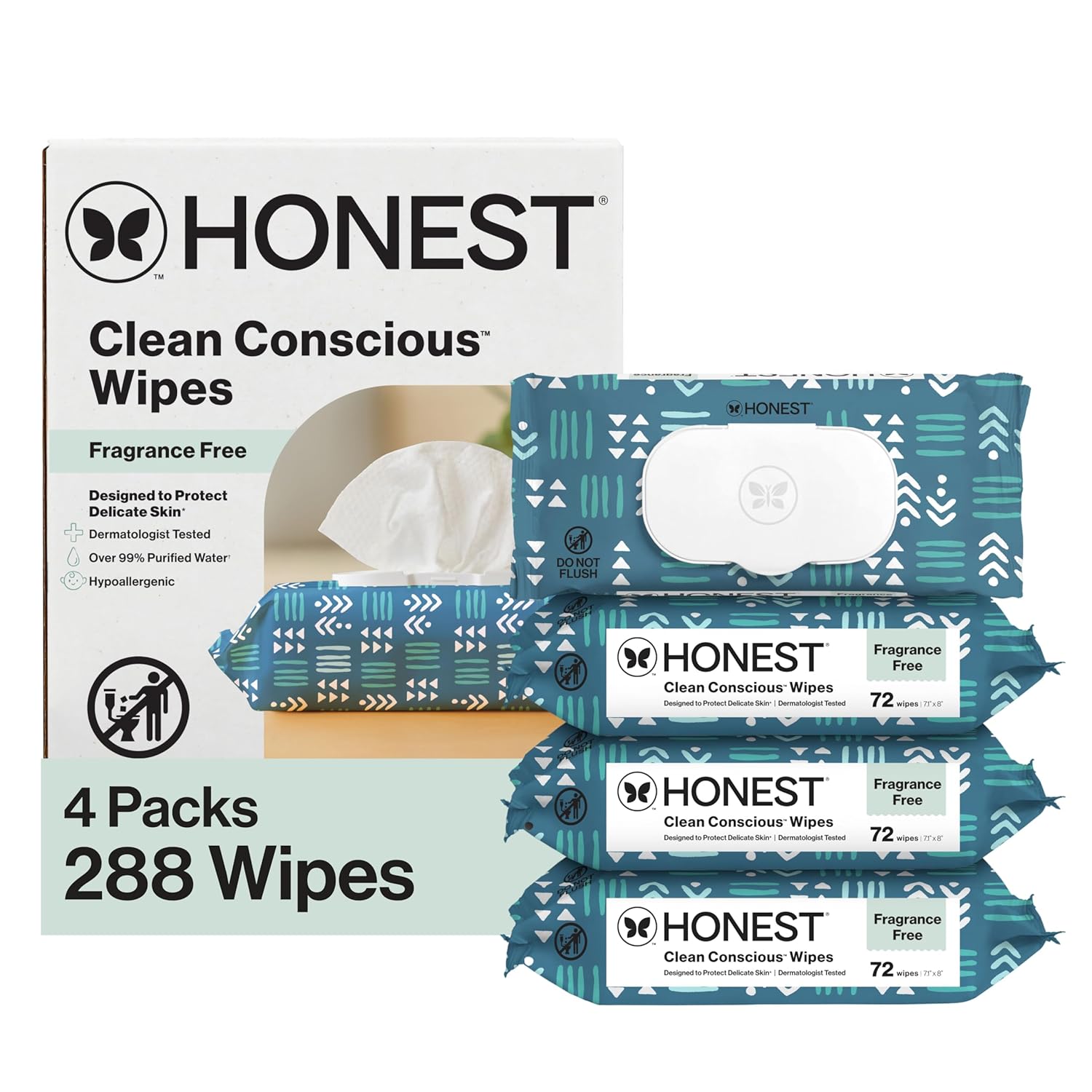 The Honest Company Baby Wipes for Sensitive Skin, Hypoallergenic, Fragrance-Free, Multi-Use, Pattern Play Design, 720 Count (10 Packs of 72)