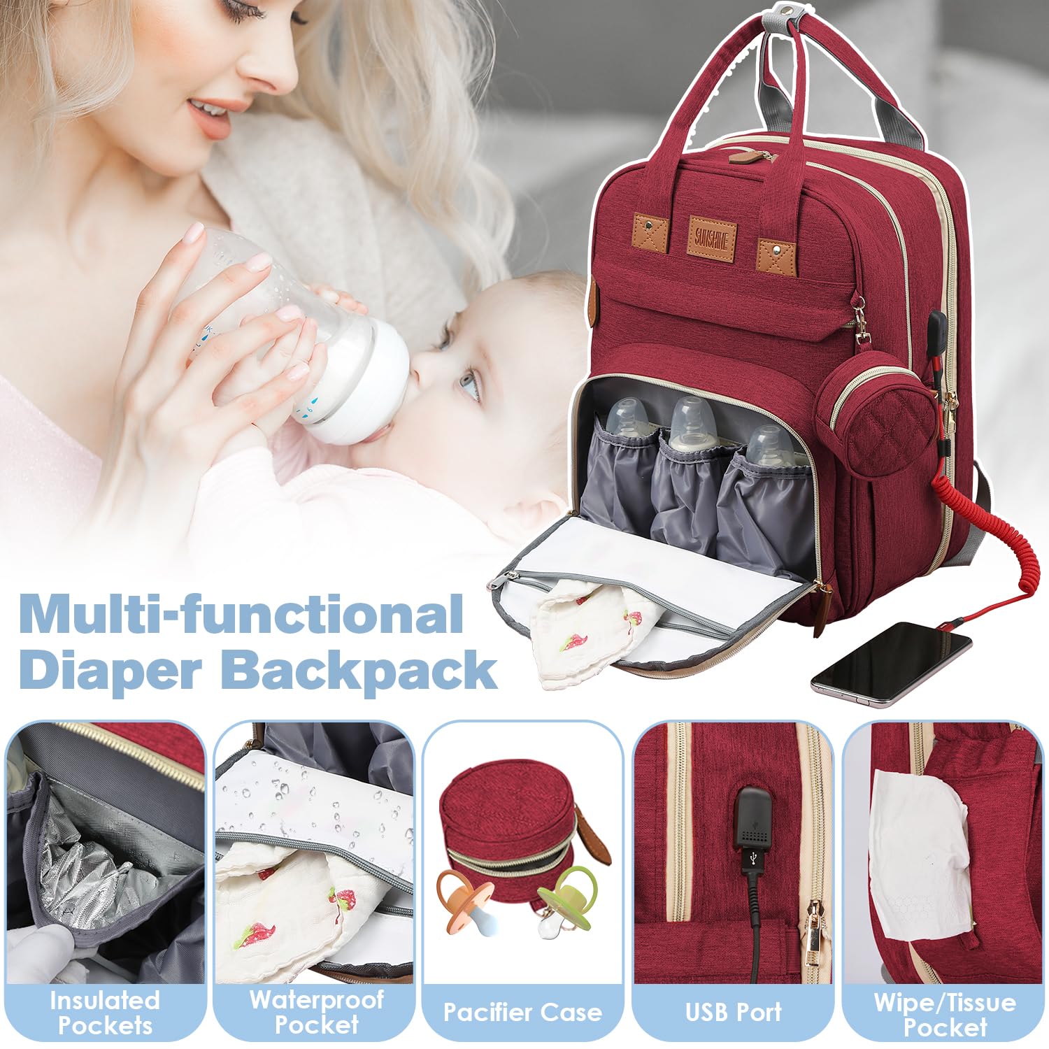 JSTPRO Diaper Bag Backpack, Large Diaper Bag with Changing Pad, Baby Bag, New Mom Gifts, Lightweight Waterproof Unisex Diaper Bag with Insulated Pockets and USB Charging Port, Black