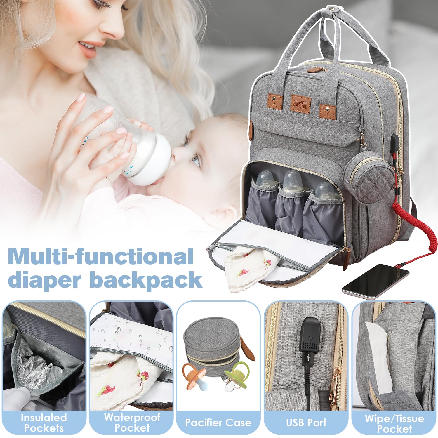 JSTPRO Diaper Bag Backpack, Large Diaper Bag with Changing Pad, Baby Bag, New Mom Gifts, Lightweight Waterproof Unisex Diaper Bag with Insulated Pockets and USB Charging Port, Black