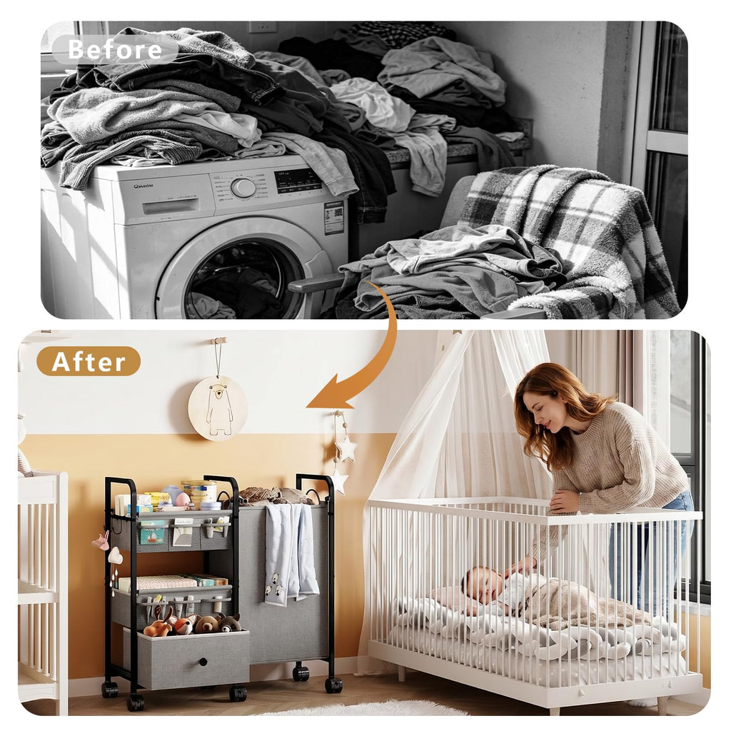Cidaziya 2In1 Baby Diaper Caddy Organizer with Laundry Hamper, 3 Tier Rolling Cart with Dividers and Drawers, Upgrade Diaper Cart Utility Cart Clothes Organizer for Baby Essentials, New Mom, Nursery