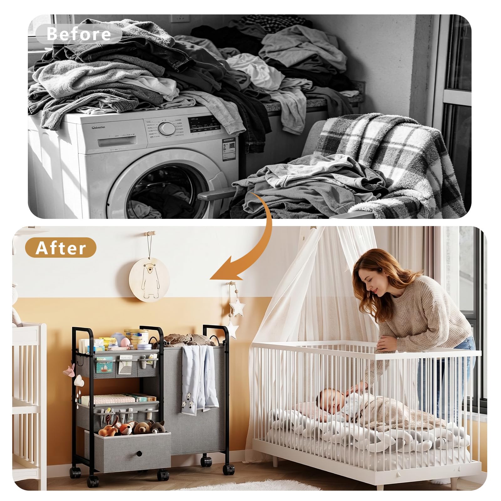 Cidaziya 2In1 Baby Diaper Caddy Organizer with Laundry Hamper, 3 Tier Rolling Cart with Dividers and Drawers, Upgrade Diaper Cart Utility Cart Clothes Organizer for Baby Essentials, New Mom, Nursery
