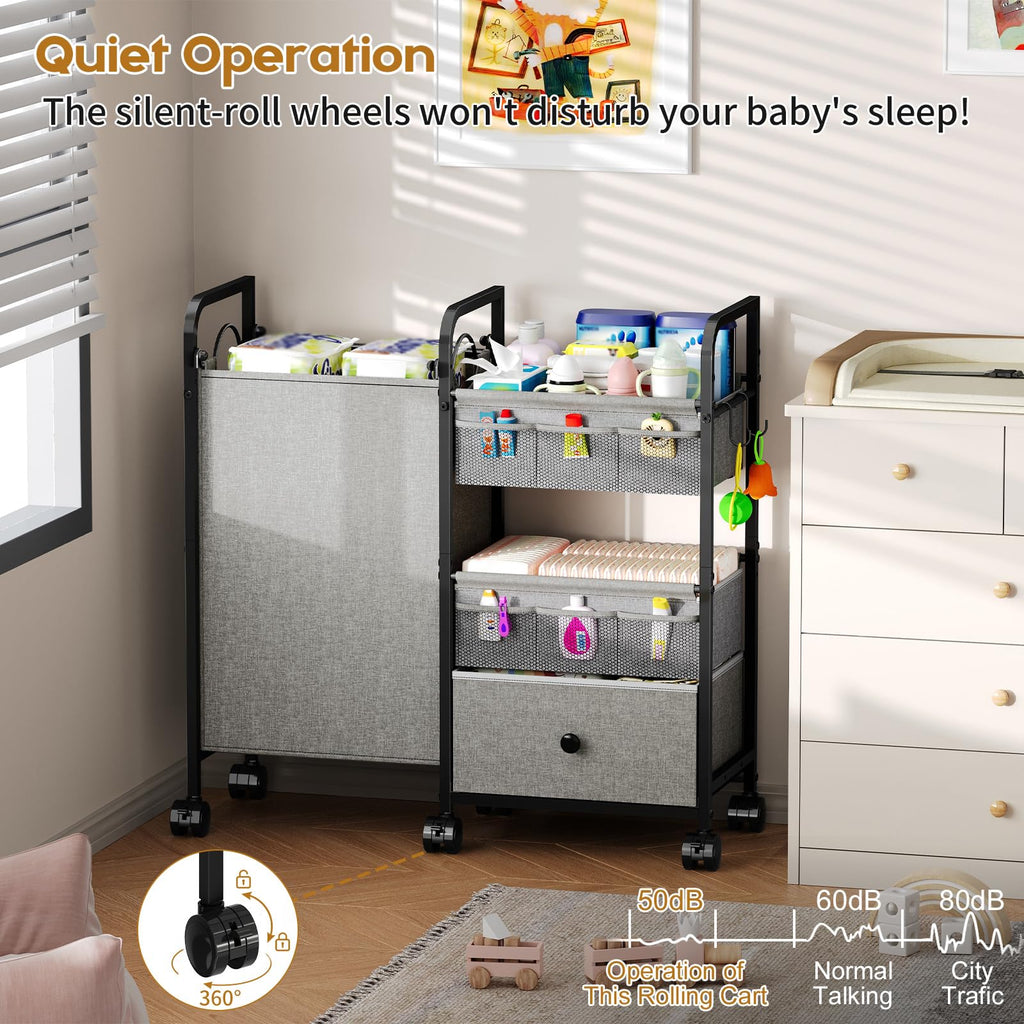 Cidaziya 2In1 Baby Diaper Caddy Organizer with Laundry Hamper, 3 Tier Rolling Cart with Dividers and Drawers, Upgrade Diaper Cart Utility Cart Clothes Organizer for Baby Essentials, New Mom, Nursery