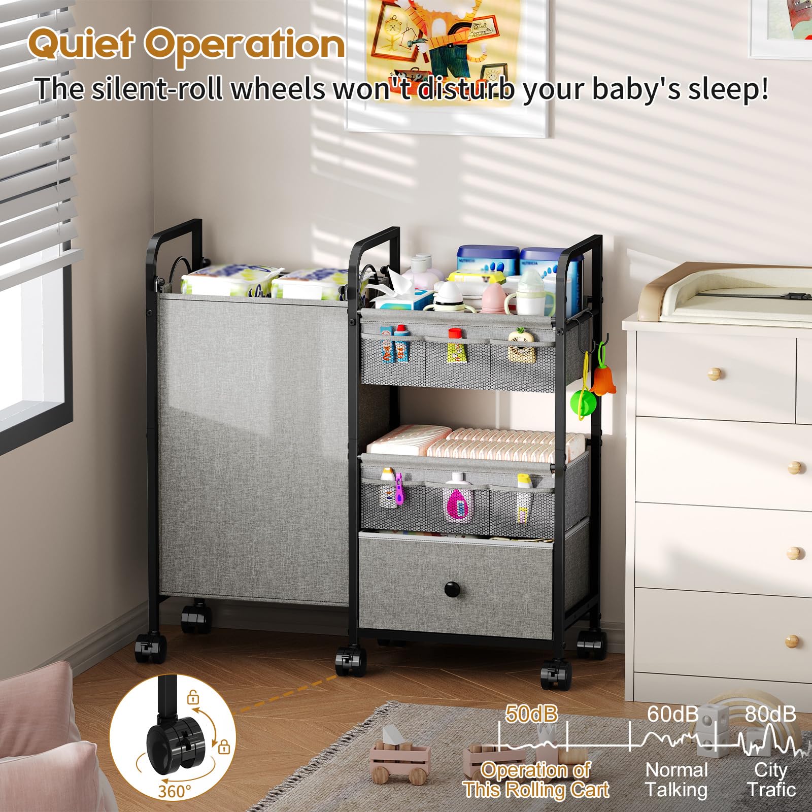Cidaziya 2In1 Baby Diaper Caddy Organizer with Laundry Hamper, 3 Tier Rolling Cart with Dividers and Drawers, Upgrade Diaper Cart Utility Cart Clothes Organizer for Baby Essentials, New Mom, Nursery