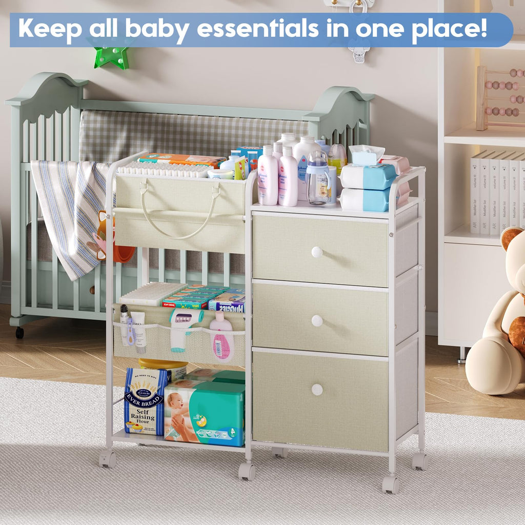 Cidaziya 2In1 Baby Diaper Caddy Organizer with Laundry Hamper, 3 Tier Rolling Cart with Dividers and Drawers, Upgrade Diaper Cart Utility Cart Clothes Organizer for Baby Essentials, New Mom, Nursery