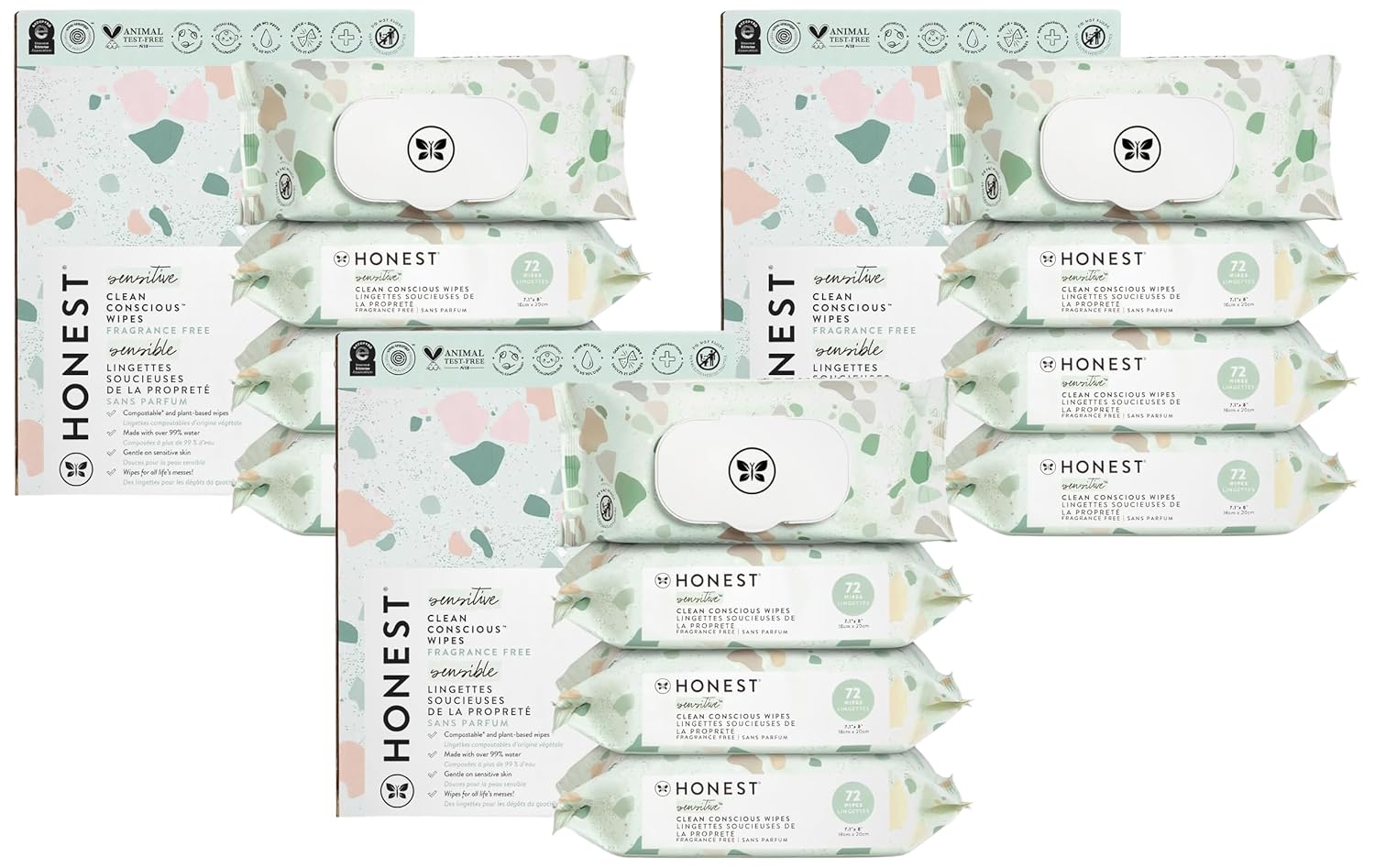 The Honest Company Baby Wipes for Sensitive Skin, Hypoallergenic, Fragrance-Free, Multi-Use, Pattern Play Design, 720 Count (10 Packs of 72)