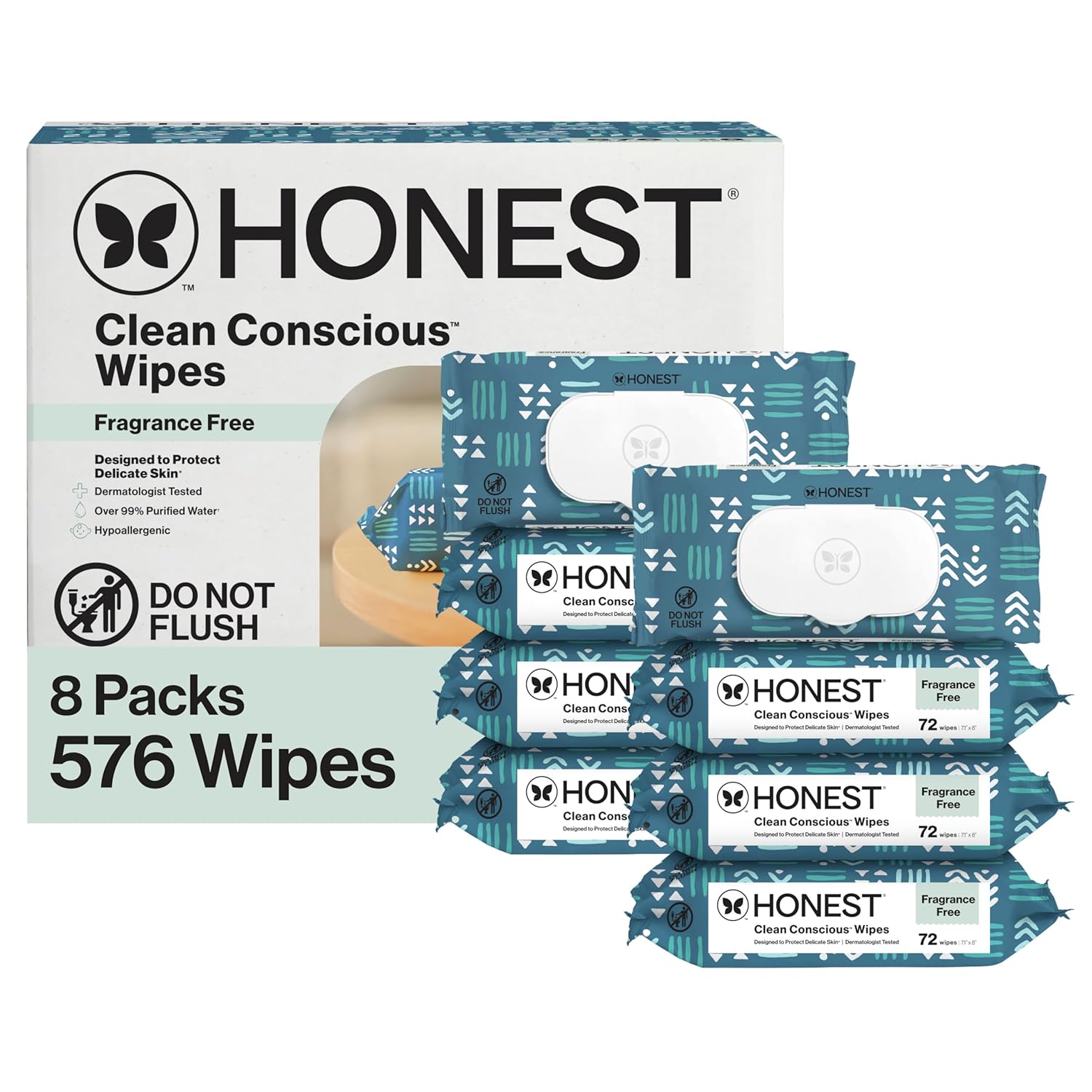 The Honest Company Baby Wipes for Sensitive Skin, Hypoallergenic, Fragrance-Free, Multi-Use, Pattern Play Design, 720 Count (10 Packs of 72)