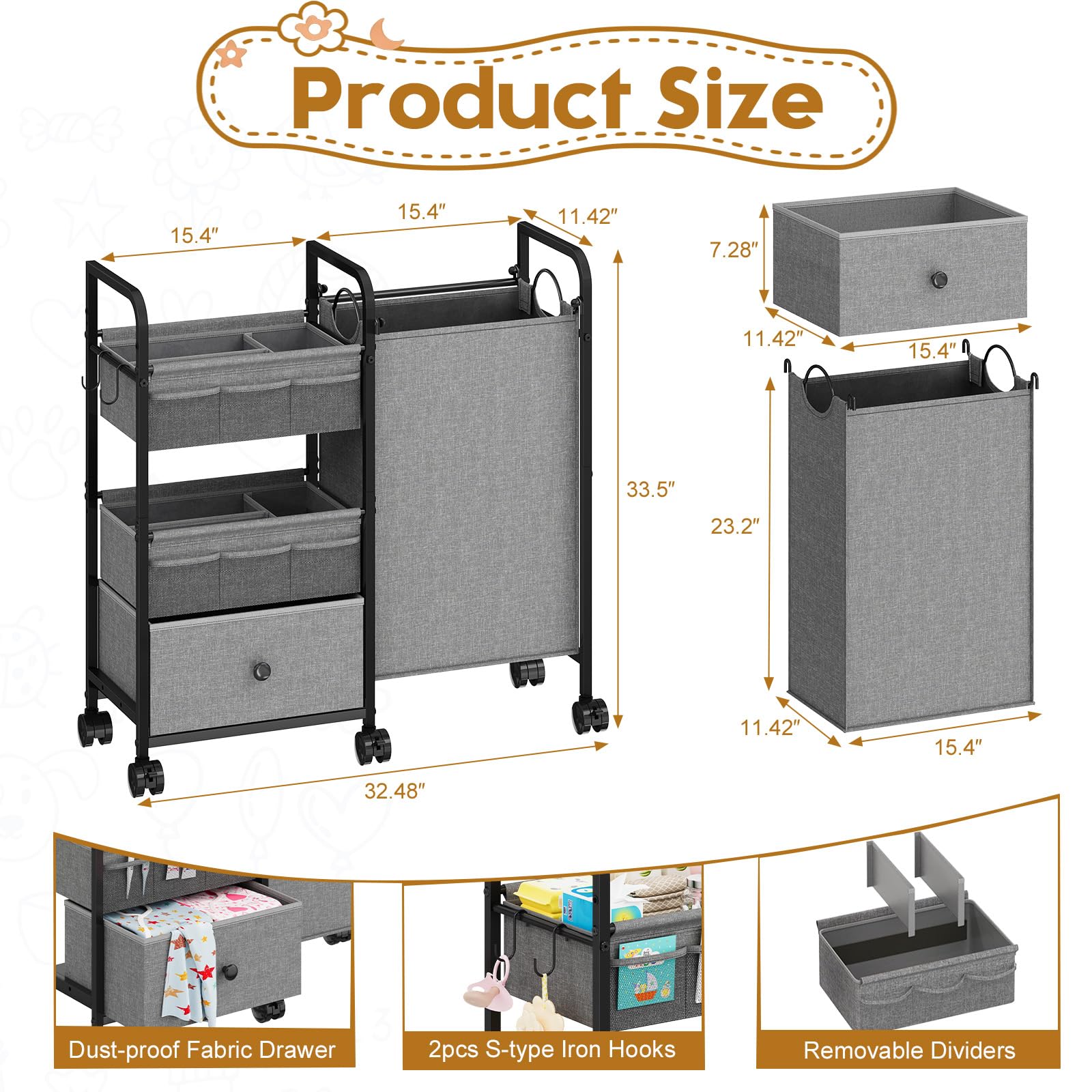 Cidaziya 2In1 Baby Diaper Caddy Organizer with Laundry Hamper, 3 Tier Rolling Cart with Dividers and Drawers, Upgrade Diaper Cart Utility Cart Clothes Organizer for Baby Essentials, New Mom, Nursery