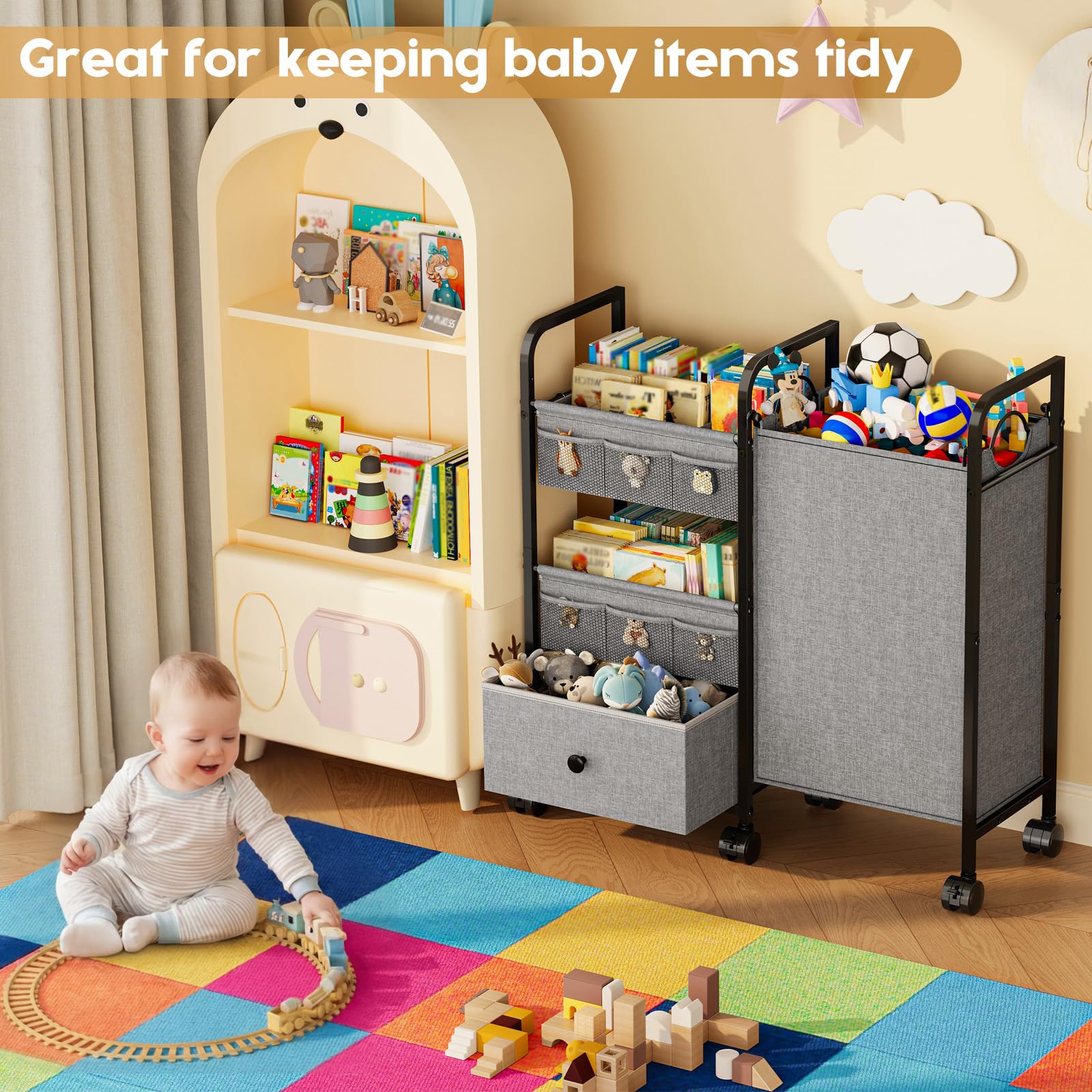 Cidaziya 2In1 Baby Diaper Caddy Organizer with Laundry Hamper, 3 Tier Rolling Cart with Dividers and Drawers, Upgrade Diaper Cart Utility Cart Clothes Organizer for Baby Essentials, New Mom, Nursery