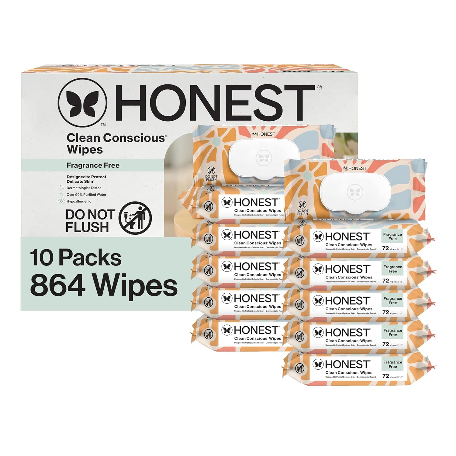 The Honest Company Baby Wipes for Sensitive Skin, Hypoallergenic, Fragrance-Free, Multi-Use, Pattern Play Design, 720 Count (10 Packs of 72)