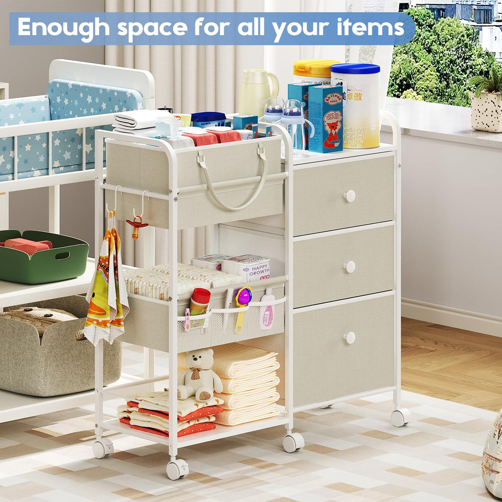 Cidaziya 2In1 Baby Diaper Caddy Organizer with Laundry Hamper, 3 Tier Rolling Cart with Dividers and Drawers, Upgrade Diaper Cart Utility Cart Clothes Organizer for Baby Essentials, New Mom, Nursery