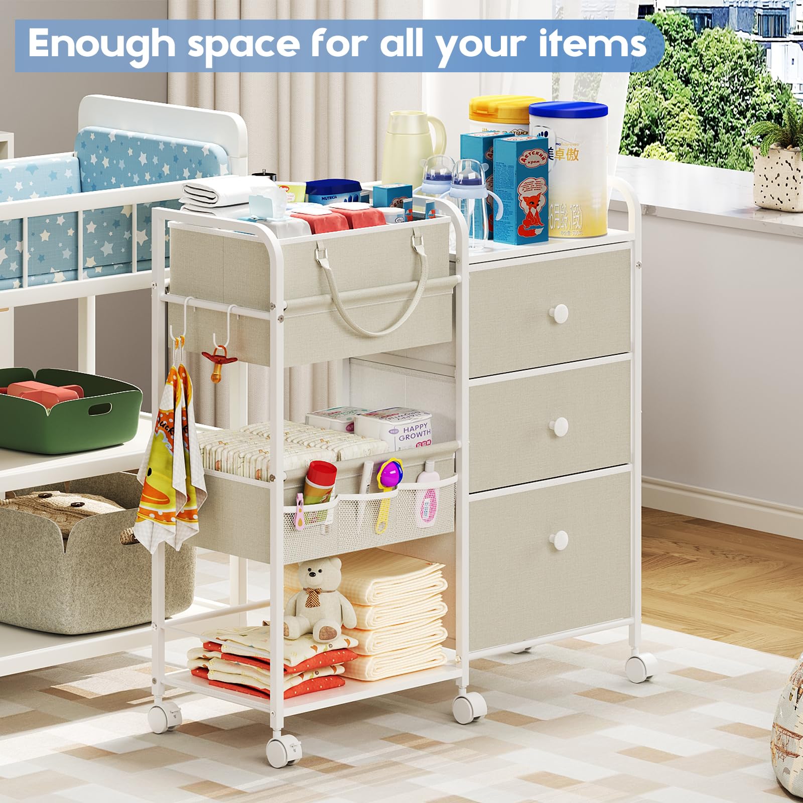 Cidaziya 2In1 Baby Diaper Caddy Organizer with Laundry Hamper, 3 Tier Rolling Cart with Dividers and Drawers, Upgrade Diaper Cart Utility Cart Clothes Organizer for Baby Essentials, New Mom, Nursery