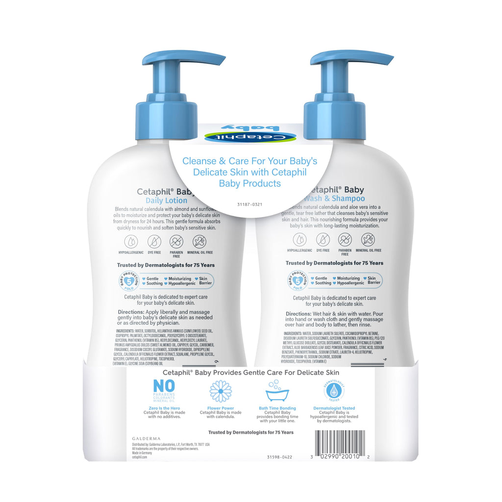 Cetaphil Baby Wash & Shampoo Plus Body Lotion, Healthy Skin Essentials, Head to Toe Hydration for up to 24 Hours, for Delicate, Sensitive Skin, 2-Pack,White