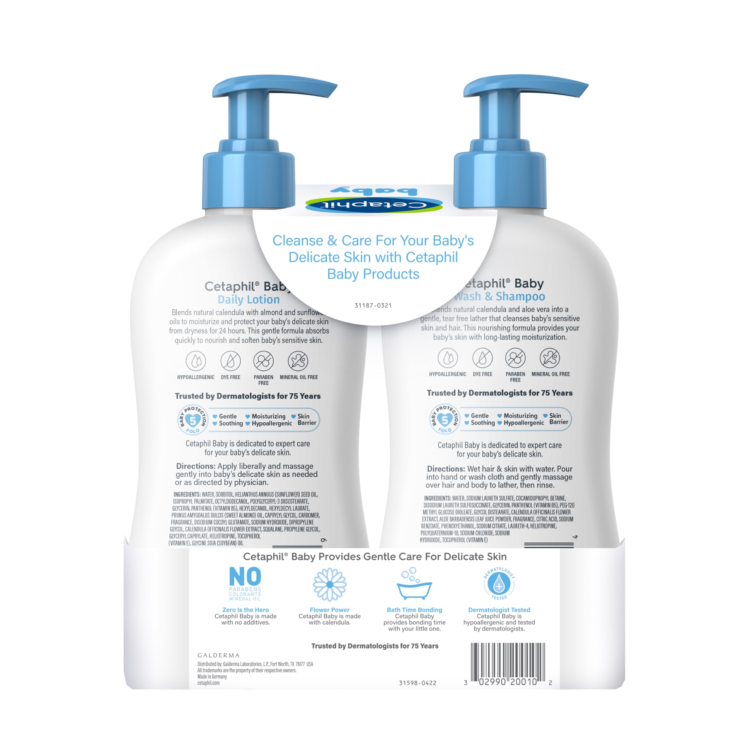 Cetaphil Baby Wash & Shampoo Plus Body Lotion, Healthy Skin Essentials, Head to Toe Hydration for up to 24 Hours, for Delicate, Sensitive Skin, 2-Pack,White