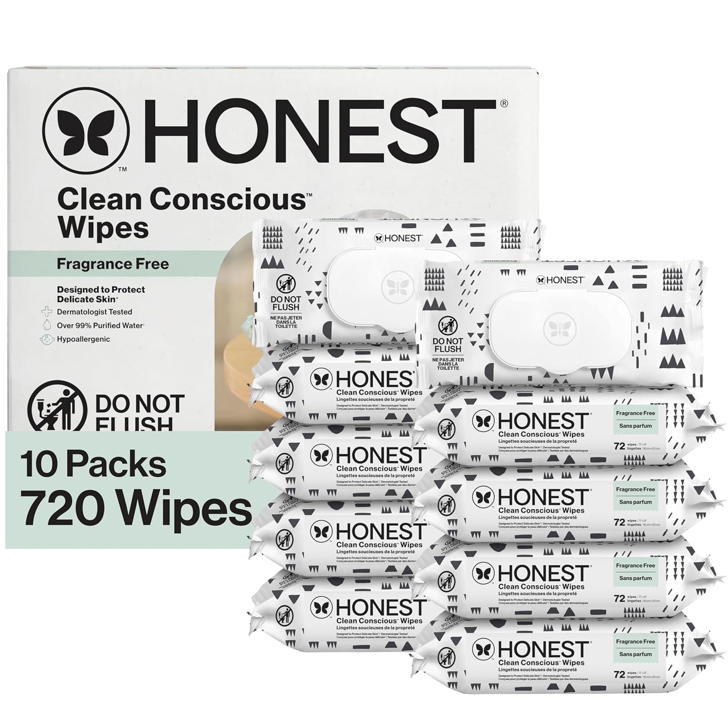 The Honest Company Baby Wipes for Sensitive Skin, Hypoallergenic, Fragrance-Free, Multi-Use, Pattern Play Design, 720 Count (10 Packs of 72)