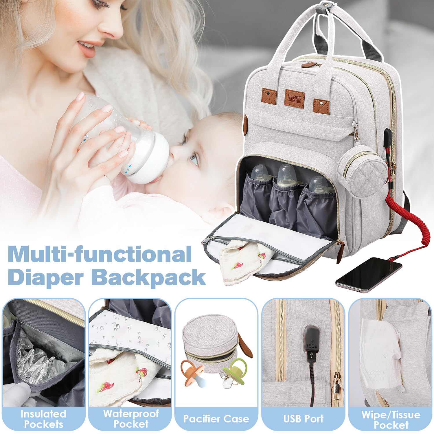 JSTPRO Diaper Bag Backpack, Large Diaper Bag with Changing Pad, Baby Bag, New Mom Gifts, Lightweight Waterproof Unisex Diaper Bag with Insulated Pockets and USB Charging Port, Black