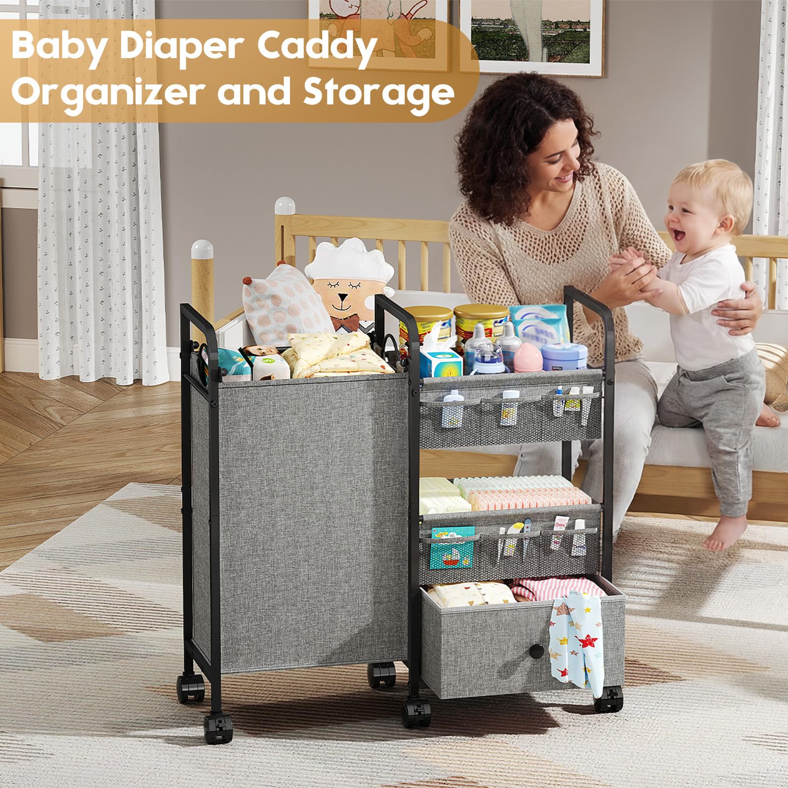 Cidaziya 2In1 Baby Diaper Caddy Organizer with Laundry Hamper, 3 Tier Rolling Cart with Dividers and Drawers, Upgrade Diaper Cart Utility Cart Clothes Organizer for Baby Essentials, New Mom, Nursery