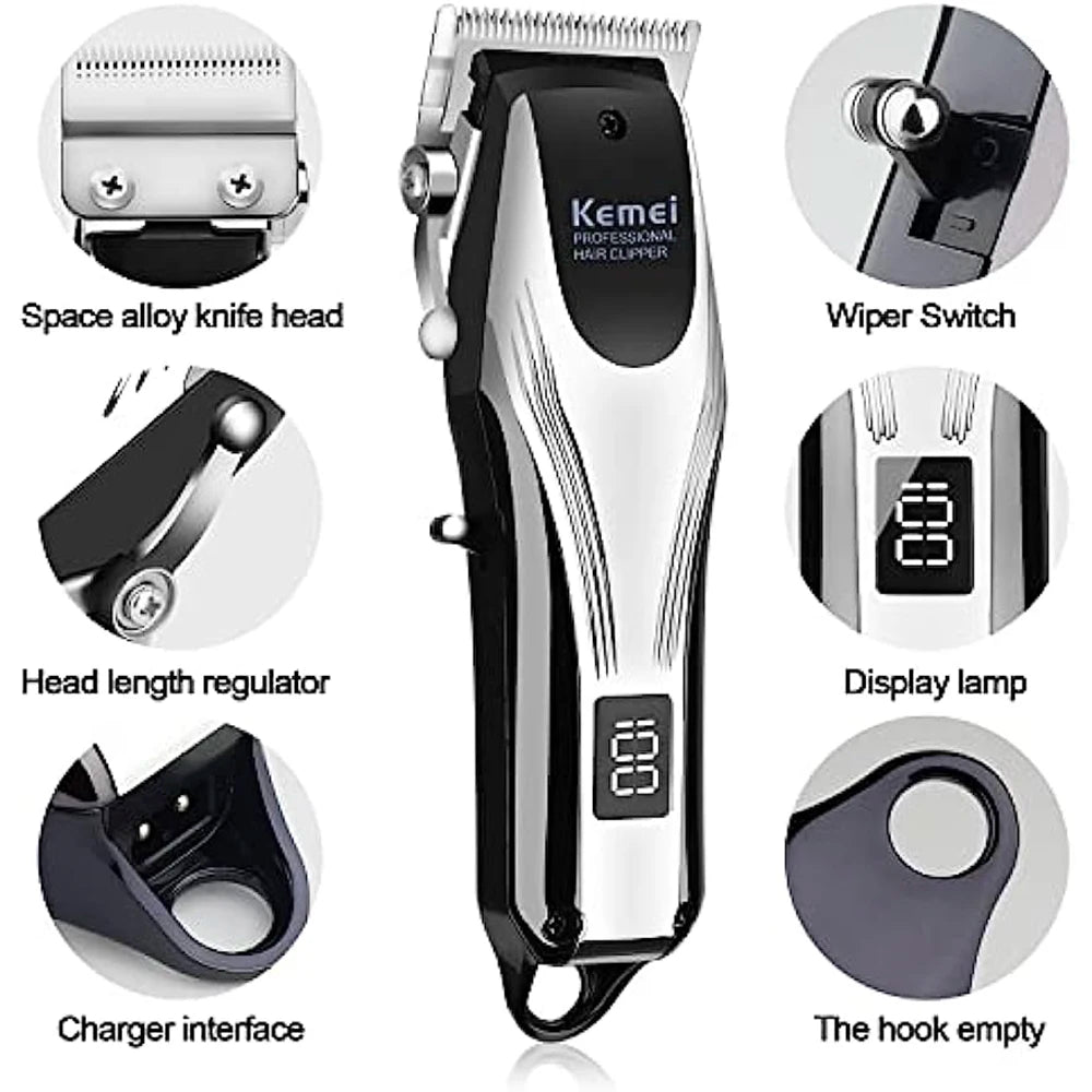 KEMEI Professional Hair Clippers Men Rechargeable Cordless Electric Beard Hair Trimmer Barber Hair Cutting Machine Grooming Kit
