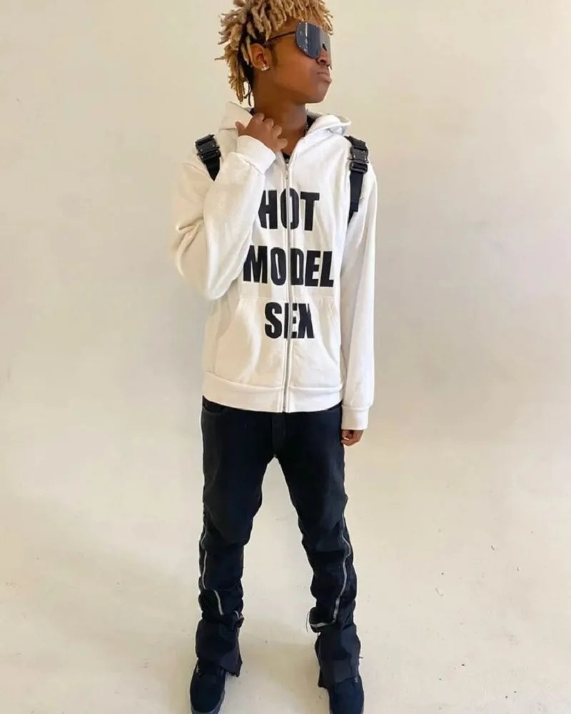 Hip Hop Men's Zip-up Hoodie Vintage Punk Loose Letter Print Long Sleeve Sweatshirt Goth High Street Grunge Outerwear Y2k Clothes