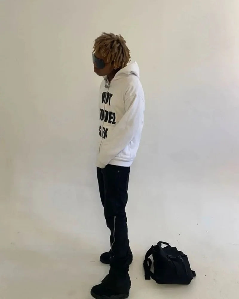 Hip Hop Men's Zip-up Hoodie Vintage Punk Loose Letter Print Long Sleeve Sweatshirt Goth High Street Grunge Outerwear Y2k Clothes