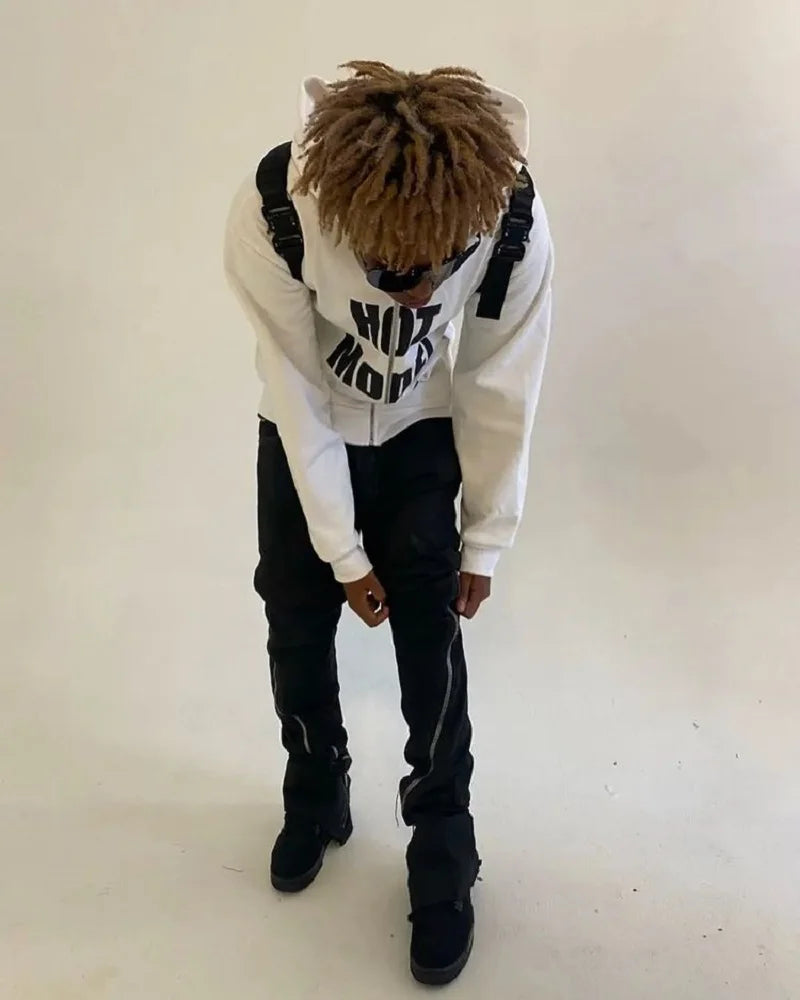 Hip Hop Men's Zip-up Hoodie Vintage Punk Loose Letter Print Long Sleeve Sweatshirt Goth High Street Grunge Outerwear Y2k Clothes