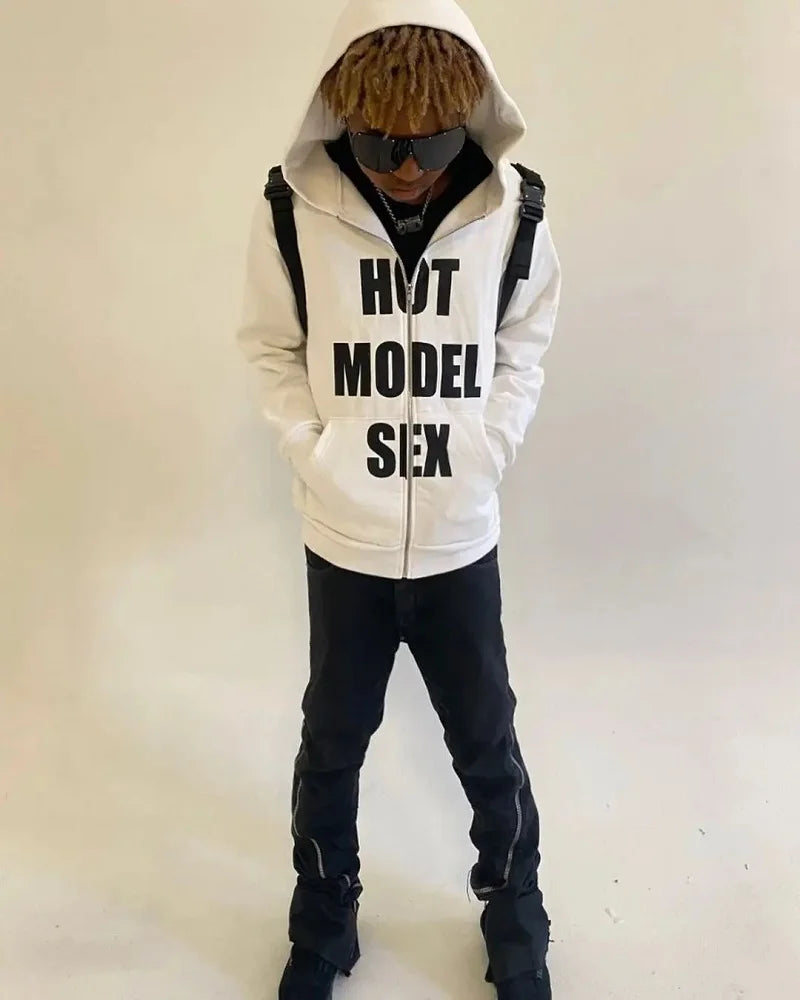 Hip Hop Men's Zip-up Hoodie Vintage Punk Loose Letter Print Long Sleeve Sweatshirt Goth High Street Grunge Outerwear Y2k Clothes