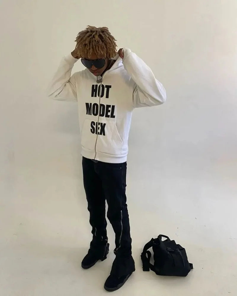Hip Hop Men's Zip-up Hoodie Vintage Punk Loose Letter Print Long Sleeve Sweatshirt Goth High Street Grunge Outerwear Y2k Clothes