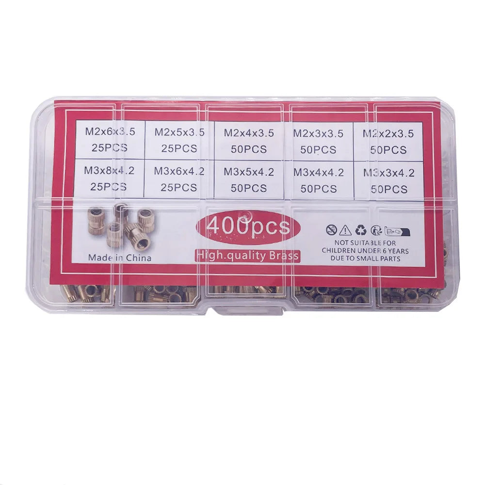 400pcs Injection Molding Knurl Insert Nut Embedded Nutsert Assortment Kit Set 10 Mix Size M2 M3  Solid Brass Copper