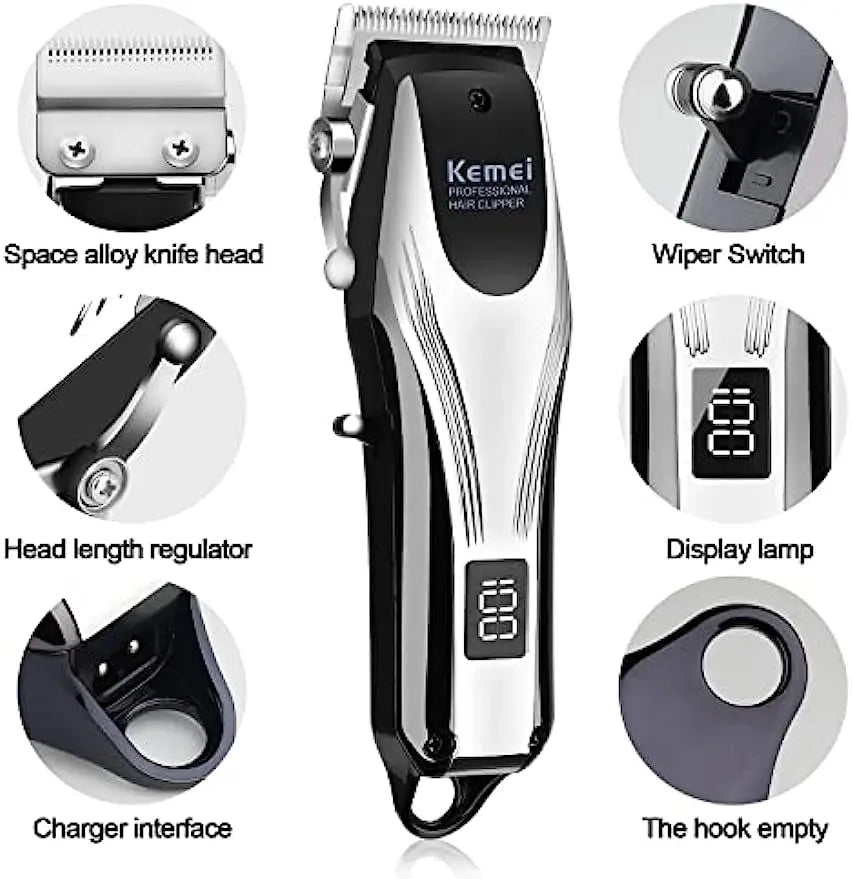 KEMEI Professional Hair Clippers Men Rechargeable Cordless Electric Beard Hair Trimmer Barber Hair Cutting Machine Grooming Kit